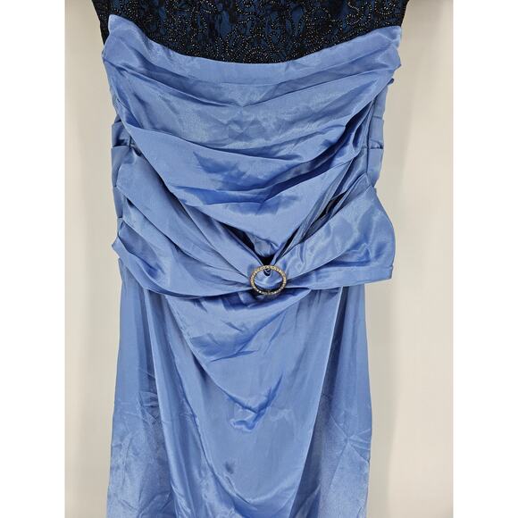 Women's Blue & Black Floral Beaded Ruched V-Neck Fit & Flare Prom Dress Size L - Picture 3 of 4
